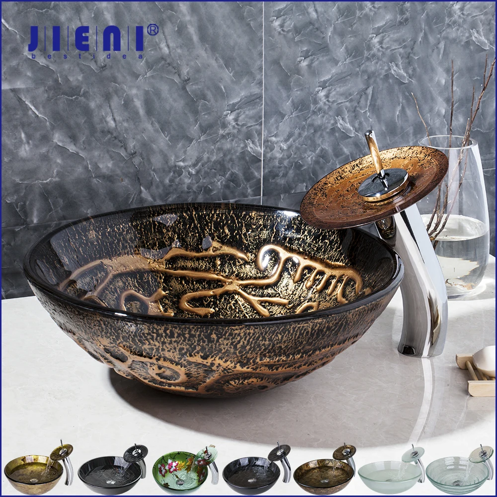 JIENI Tempered Glass Bathroom Sink Set Art Hand-Paint Bowl Basin W/ Waterfall Faucet Pop Up Drain Combo Minimalism Style Sinks
JIENI Tempered Glass Bathroom Sink Set Art Hand-Paint Bowl Basin W/ Waterfall Faucet Pop Up Drain Combo Minimalism Style Sinks