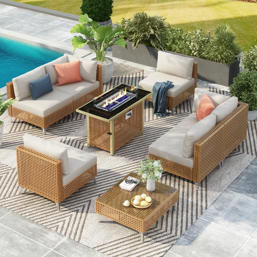 8 Piece Patio Furniture Set with 43" Fire Pit Table,Coffee Table and Thickened Cushions,Modern Outside Sofa for Balcony Backyard
8 Piece Patio Furniture Set with 43" Fire Pit Table,Coffee Table and Thickened Cushions,Modern Outside Sofa for Balcony Backyard