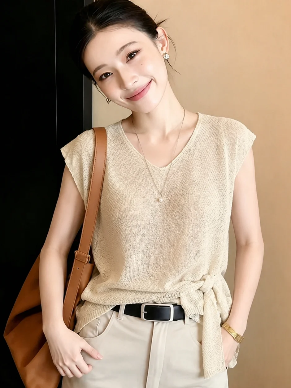 Elegant Simple Color V-Neck Belted Slimming Top Summer Commute Style Short Sleeve Knitwear Small Shirt Korean Version
Elegant Simple Color V-Neck Belted Slimming Top Summer Commute Style Short Sleeve Knitwear Small Shirt Korean Version