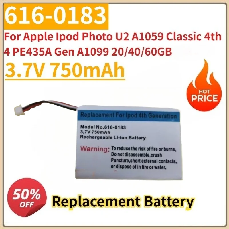 3.7V 750mAh 616-0183 616-0206 Battery For Apple Ipod Photo U2 A1059 Classic 4th 4 PE435A Gen A1099 20 40 60GB
3.7V 750mAh 616-0183 616-0206 Battery For Apple Ipod Photo U2 A1059 Classic 4th 4 PE435A Gen A1099 20 40 60GB