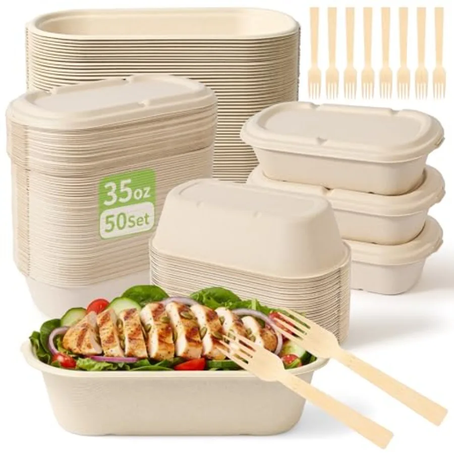 Disposable Meal Prep Containers with Lids, Sugarcane Pulp Compostable Food Containers + 50 Bamboo Forks, To-Go Food Containers,
Disposable Meal Prep Containers with Lids, Sugarcane Pulp Compostable Food Containers + 50 Bamboo Forks, To-Go Food Containers,