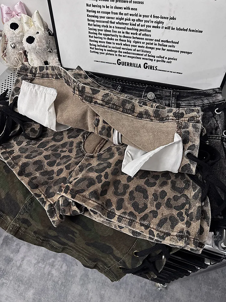 Outlet Leopard Print Rope Bound Denim Skirt Retro Sexy Bodycon A-Line Short Skirt Casual High Waist Summer Dress 21 Se6e689d1d2bd470f9c1e48f7a61dda79j