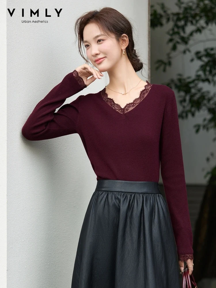 VIMLY Women Red Sweater Casual Lace Trim V-Neck Knitted Pullovers 2026 Autumn New Elegant Slim Fit Long Sleeve Female Tops 75226
VIMLY Women Red Sweater Casual Lace Trim V-Neck Knitted Pullovers 2026 Autumn New Elegant Slim Fit Long Sleeve Female Tops 75226