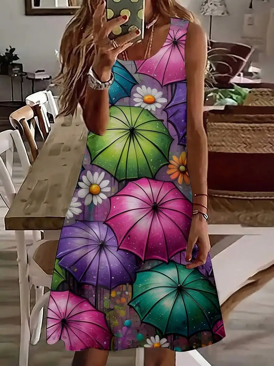 Women Sleeveless Dress Colorful Umbrella And Daisy Print Summer Casual Beach Vacation Dress
Women Sleeveless Dress Colorful Umbrella And Daisy Print Summer Casual Beach Vacation Dress