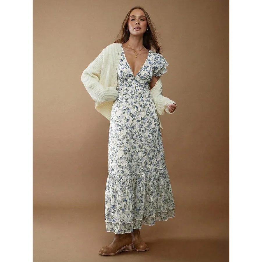 【New style】Floral Print Chiffon V Neck Flutter Sleeve Tiered Ruffle Maxi Dress Fall, Autumn, Winter, Nashville Country Concert
【New style】Floral Print Chiffon V Neck Flutter Sleeve Tiered Ruffle Maxi Dress Fall, Autumn, Winter, Nashville Country Concert