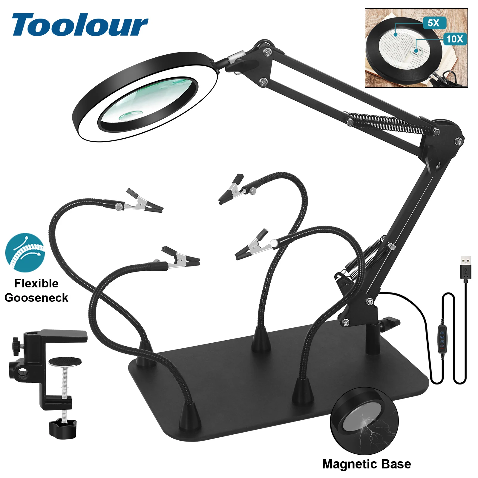 Toolour Soldering Helping Hands 5X+10X Magnifying Glass with Light and Stand PCB Holder Magnetic Base Soldering Third Hand Tools
Toolour Soldering Helping Hands 5X+10X Magnifying Glass with Light and Stand PCB Holder Magnetic Base Soldering Third Hand Tools