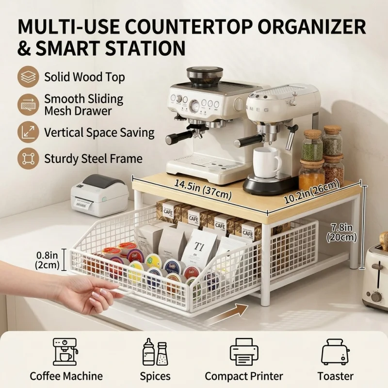 Multi-Function Wooden Storage Shelf Kitchen Organizer Rack for Spices Coffee Machine Printer Microwave Storage