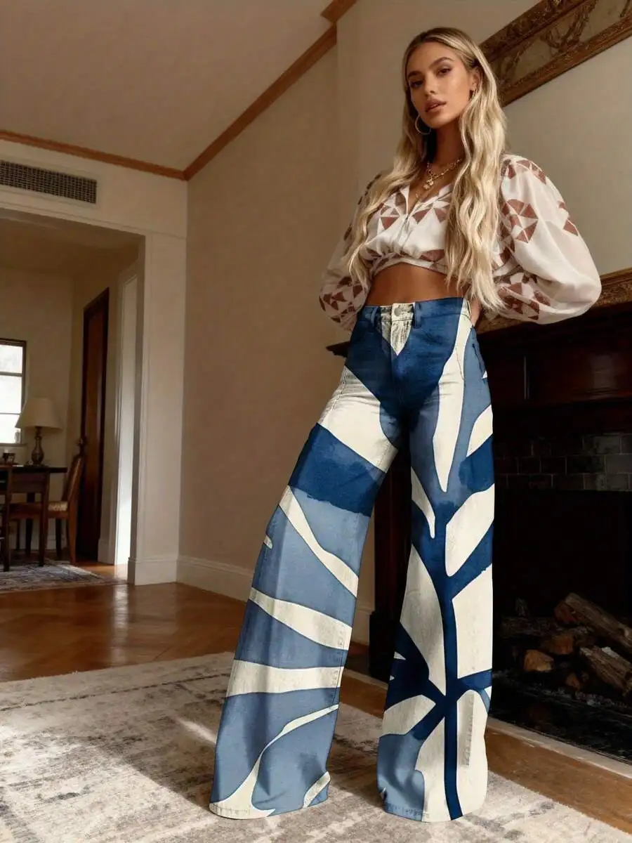 Womens Wide Leg Trousers With Blue And White Geometric Leaf Print Denim Style
Womens Wide Leg Trousers With Blue And White Geometric Leaf Print Denim Style