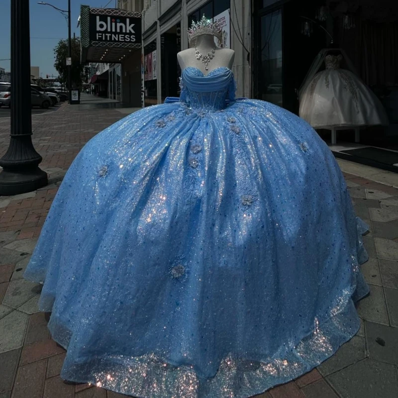 Blue Shiny Quinceanera Dresses Off The Shoulder Applique Lace Bow Tull Party Birthday Sweet 16 Dress Vestidos De 15 Anos
Blue Shiny Quinceanera Dresses Off The Shoulder Applique Lace Bow Tull Party Birthday Sweet 16 Dress Vestidos De 15 Anos