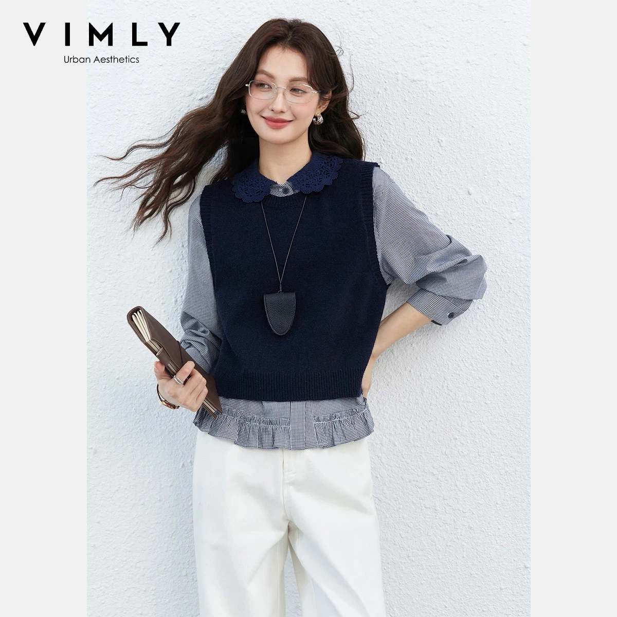 VIMLY Women's 2 Piece Set 2026 Spring New Navy Knit Vest Contrast Lace Doll Collar Ruffle Hem Plaid Shirt Women's Top Set A5016
VIMLY Women's 2 Piece Set 2026 Spring New Navy Knit Vest Contrast Lace Doll Collar Ruffle Hem Plaid Shirt Women's Top Set A5016