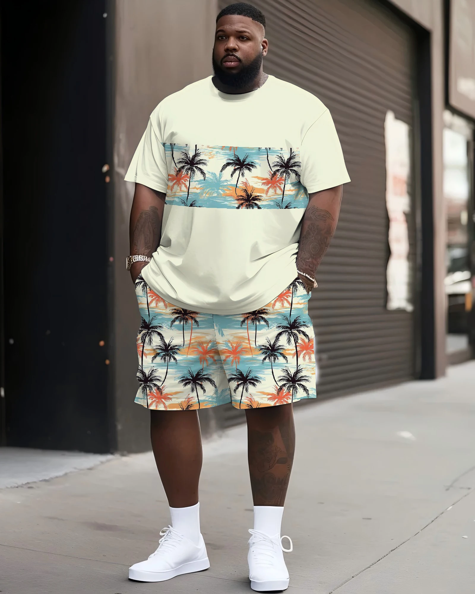 2025 Самая продаваемая мужская футболка и шорты больших размеров с городским кокосовым пальмом и пляжным дизайном, комплект из 2 предметов 
2025 Самая продаваемая мужская футболка и шорты больших размеров с городским кокосовым пальмом и пляжным дизайном, комплект из 2 предметов