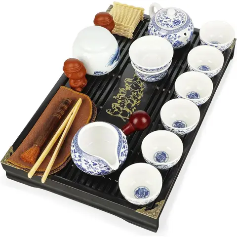 Kung Fu Tea Set in Blue and White Lotus Pattern Porcelain with Teapot, Cups, Fair Cup, and Tray for Home and Office Use