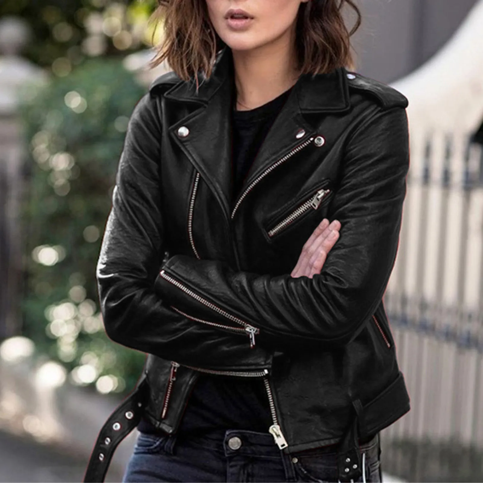 Women Faux Leather Cropped Jackets Fashion Long Sleeve Zipper Motorcycle Leather Tops Slim Fit Short Jacket Street Outerwear
Women Faux Leather Cropped Jackets Fashion Long Sleeve Zipper Motorcycle Leather Tops Slim Fit Short Jacket Street Outerwear