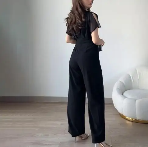 Summer Fashion Slim Fit V-Neck Short Sleeved High Waisted Jumpsuit for Women, Elegant Slim Fit Mesh Splicing Wide Leg Jumpsuit 
Summer Fashion Slim Fit V-Neck Short Sleeved High Waisted Jumpsuit for Women, Elegant Slim Fit Mesh Splicing Wide Leg Jumpsuit