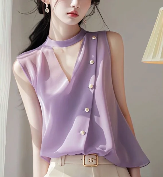 Korean version slim and high-end chiffon top 2025 French style hanging neck sleeveless shirt for women's summer outerwear
Korean version slim and high-end chiffon top 2025 French style hanging neck sleeveless shirt for women's summer outerwear