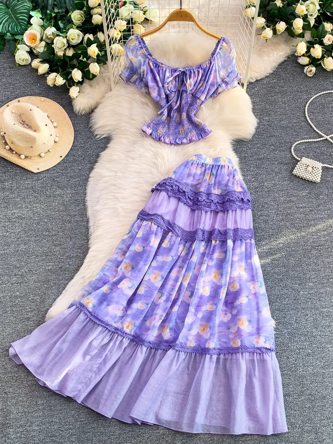 Romantic Purple Print Skirt Set Off Shoulder Top Lace Spliced High Waist Multi Layer Midi Skirt Stylish Outfit Woman Skirt Set
Romantic Purple Print Skirt Set Off Shoulder Top Lace Spliced High Waist Multi Layer Midi Skirt Stylish Outfit Woman Skirt Set