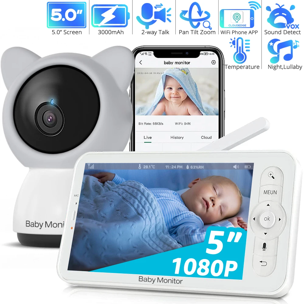 5 Inch WiFi Smart Baby Monitor with APP FHD 1080P Pan Tilt Zoom Baby Camera Night Vision 2-way Audio Baby Phone 3000mAh Battery
5 Inch WiFi Smart Baby Monitor with APP FHD 1080P Pan Tilt Zoom Baby Camera Night Vision 2-way Audio Baby Phone 3000mAh Battery