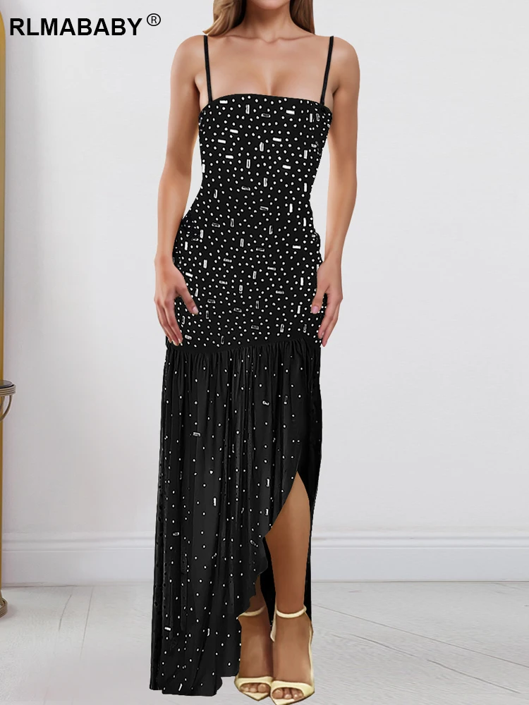 RLMABABY Sexy Spaghetti Strap Backless Sequin Maxi Dress Fashion Women Summer High Split Bodycon Drapped Mesh Party Dress
RLMABABY Sexy Spaghetti Strap Backless Sequin Maxi Dress Fashion Women Summer High Split Bodycon Drapped Mesh Party Dress