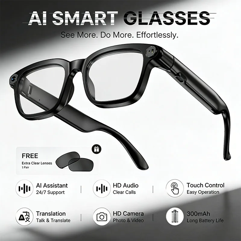 2026 Fashion Smart Glasses AI Voice Assistant Photo and Video AI Translation 800W HD Camera Type-C Fast Charging Smart Glasses
2026 Fashion Smart Glasses AI Voice Assistant Photo and Video AI Translation 800W HD Camera Type-C Fast Charging Smart Glasses