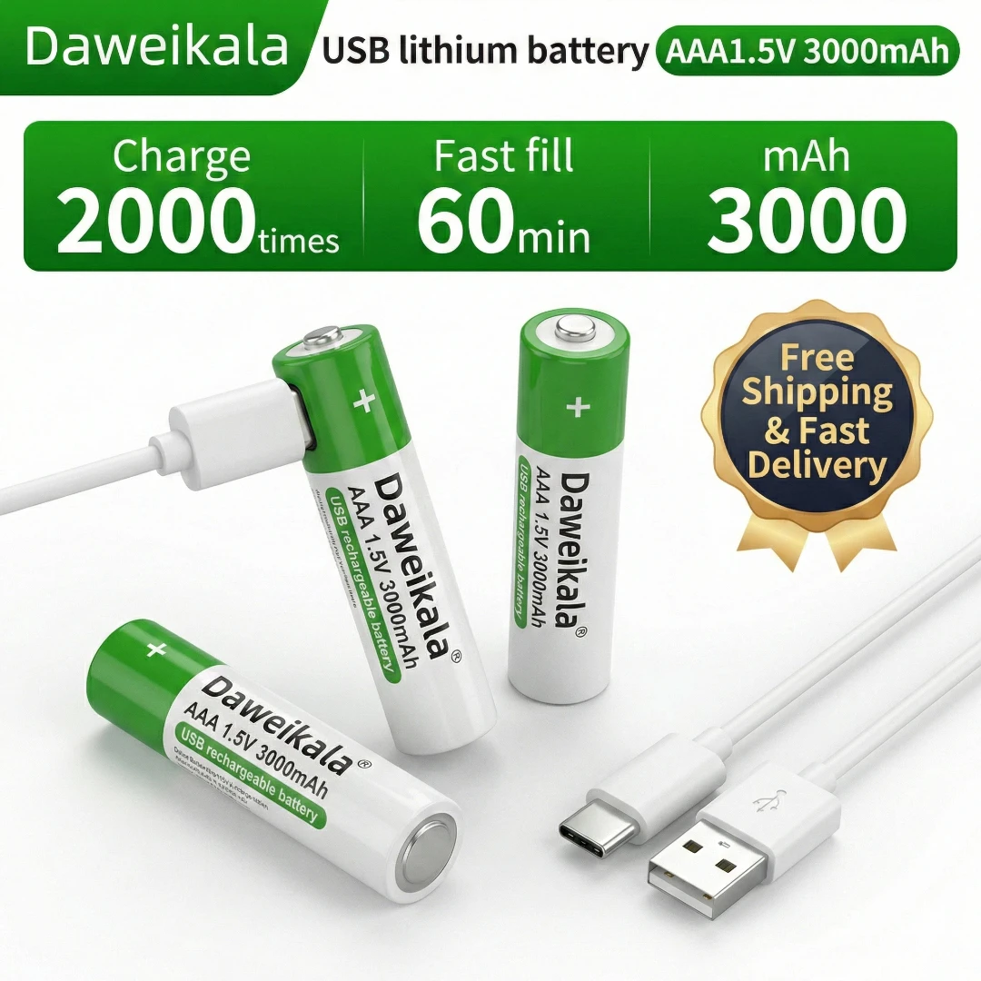 1.5V AAA Rechargeable Battery Li-ion 3000mAh USB Type-C Charging Lithium Batteries With Cable For Remote Control Mouse Toy
1.5V AAA Rechargeable Battery Li-ion 3000mAh USB Type-C Charging Lithium Batteries With Cable For Remote Control Mouse Toy