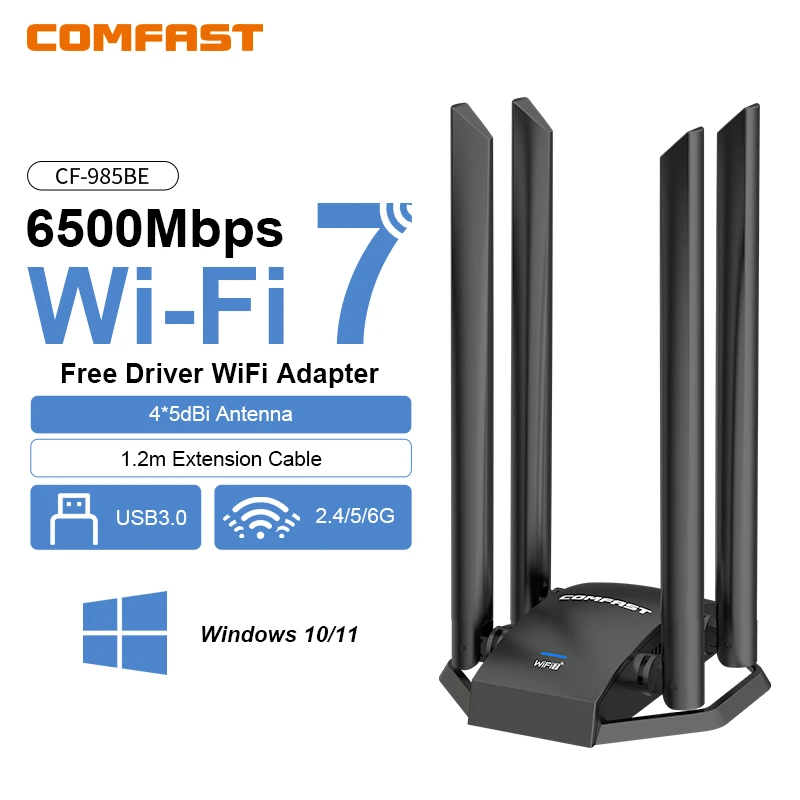 COMFAST WiFi 7 BE6500 USB-адаптер 2,4G/5,8G/6G USB 3,0 WIFI с высоким коэффициентом усиления 4, сетевая карта без драйверов для ПК/ноутбука Win10/11
COMFAST WiFi 7 BE6500 USB-адаптер 2,4G/5,8G/6G USB 3,0 WIFI с высоким коэффициентом усиления 4, сетевая карта без драйверов для ПК/ноутбука Win10/11