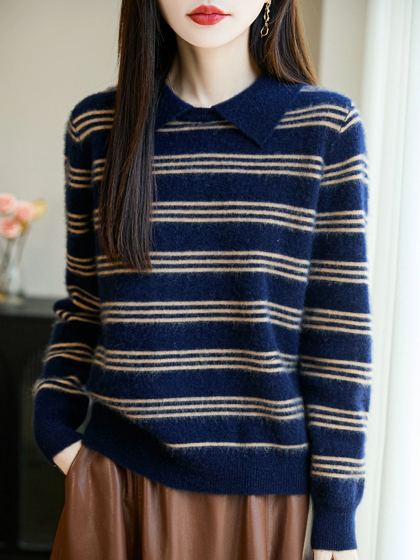 Женский свитер TLOML из 100% мериносовой шерсти с отложным воротником, в полоску, осенне-зимний, повседневный, кашемировый, мягкий, теплый, повседневный топ
Женский свитер TLOML из 100% мериносовой шерсти с отложным воротником, в полоску, осенне-зимний, повседневный, кашемировый, мягкий, теплый, повседневный топ