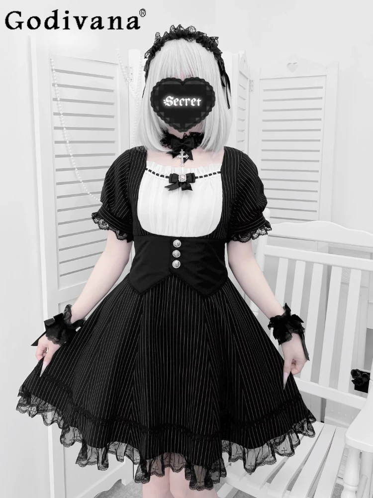 Japanese Subculture Mine Black Striped Dress Necklace Sleeve KC Set Girls Sweet Cool Slim Elegant Lolita Dress Women's Lolita Op
Japanese Subculture Mine Black Striped Dress Necklace Sleeve KC Set Girls Sweet Cool Slim Elegant Lolita Dress Women's Lolita Op