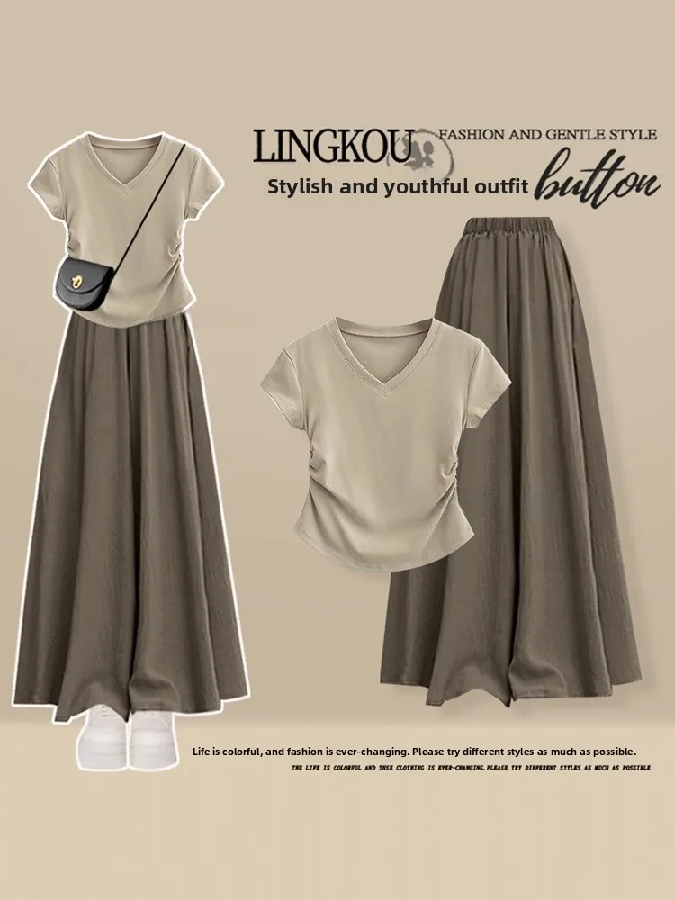 Fashionable Summer Outfit Women's Slim Fit T-Shirt And Wide Leg Casual Pants Two Piece Set Vintage Style High Waist Pants
Fashionable Summer Outfit Women's Slim Fit T-Shirt And Wide Leg Casual Pants Two Piece Set Vintage Style High Waist Pants
