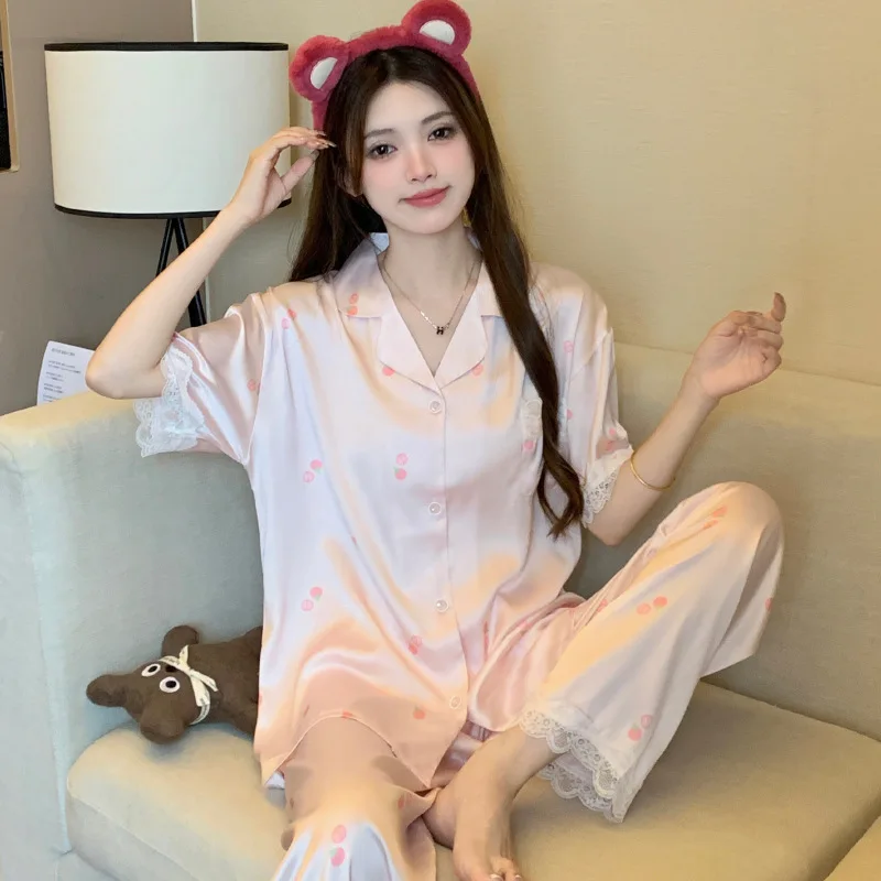 Sweet Ice Silk Nightgown Set for Girls: Short-Sleeve Top & Long Pants, Summer Lightweight Lace Trim Fashion Homewear Set
Sweet Ice Silk Nightgown Set for Girls: Short-Sleeve Top & Long Pants, Summer Lightweight Lace Trim Fashion Homewear Set