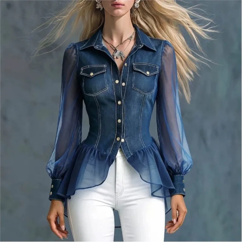 New Womens Blouses Spring Fall Casual Loose Imitation Denim Patchwork Top Lapel Long Sleeves Blue Shirt For Women Office Clothes
New Womens Blouses Spring Fall Casual Loose Imitation Denim Patchwork Top Lapel Long Sleeves Blue Shirt For Women Office Clothes