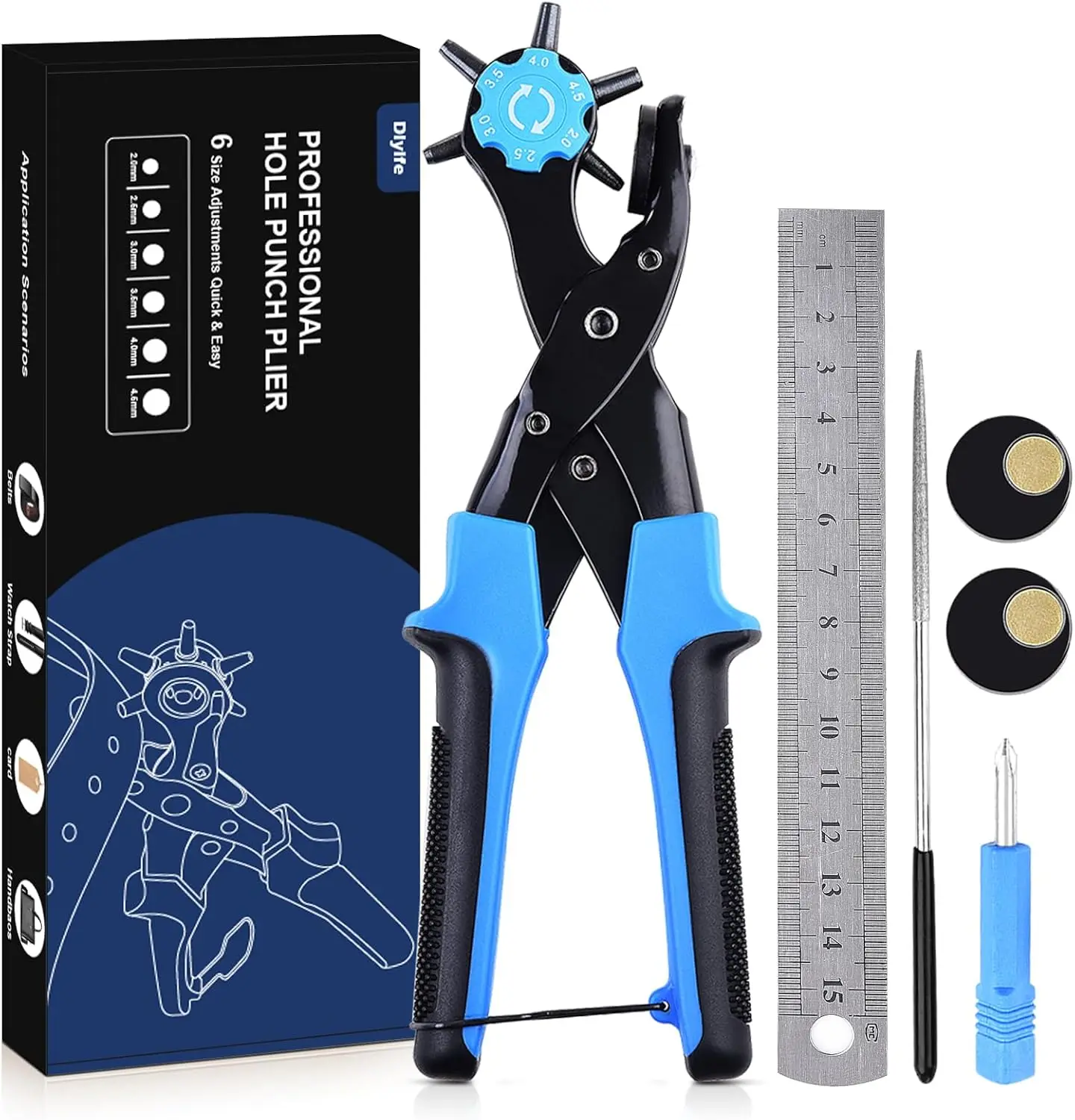 Professional Leather Hole Punch Tool Kit for Belts, Watch Bands, Shoes, Handbags, Crafting, with Extra Plates & Ruler, Blue
Professional Leather Hole Punch Tool Kit for Belts, Watch Bands, Shoes, Handbags, Crafting, with Extra Plates & Ruler, Blue