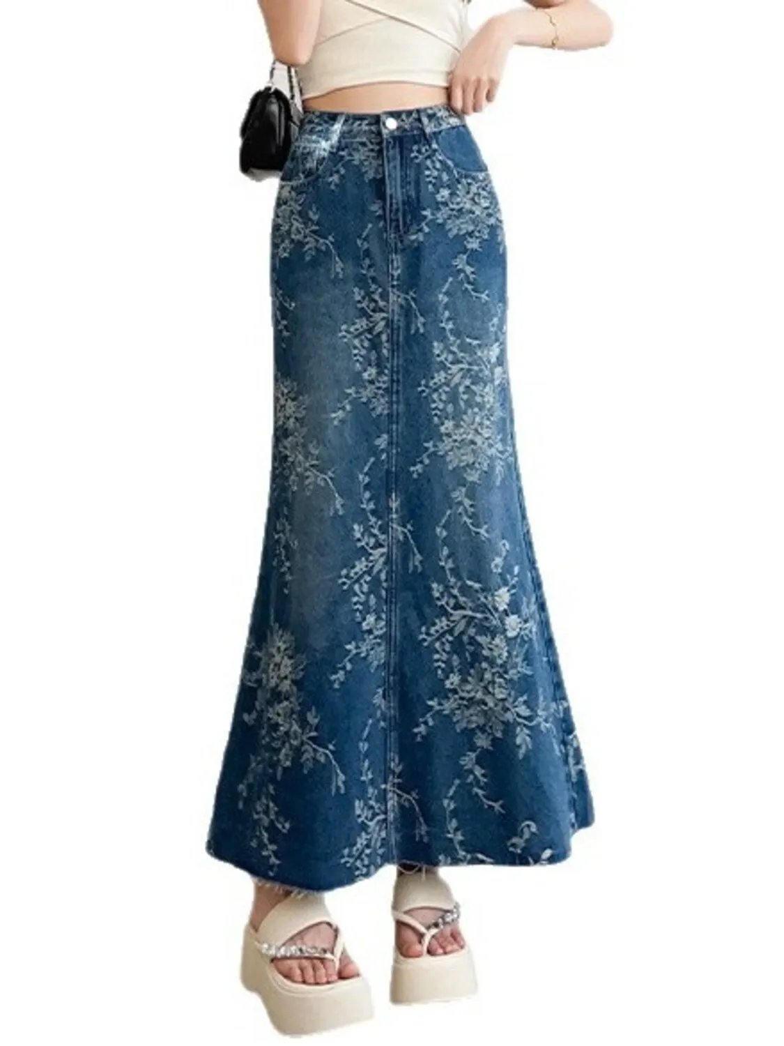 Women's High Waist Denim Midi Skirt Floral Jacquard Vintage Wash Mermaid Jean Skirt Raw Hem Casual Long Skirt
Women's High Waist Denim Midi Skirt Floral Jacquard Vintage Wash Mermaid Jean Skirt Raw Hem Casual Long Skirt