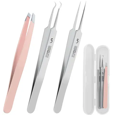 3-Piece Blackhead Removal Tweezers With Case, Suitable For Removing Blackheads, Pimples, Whiteheads, Acne, And Facial Hair