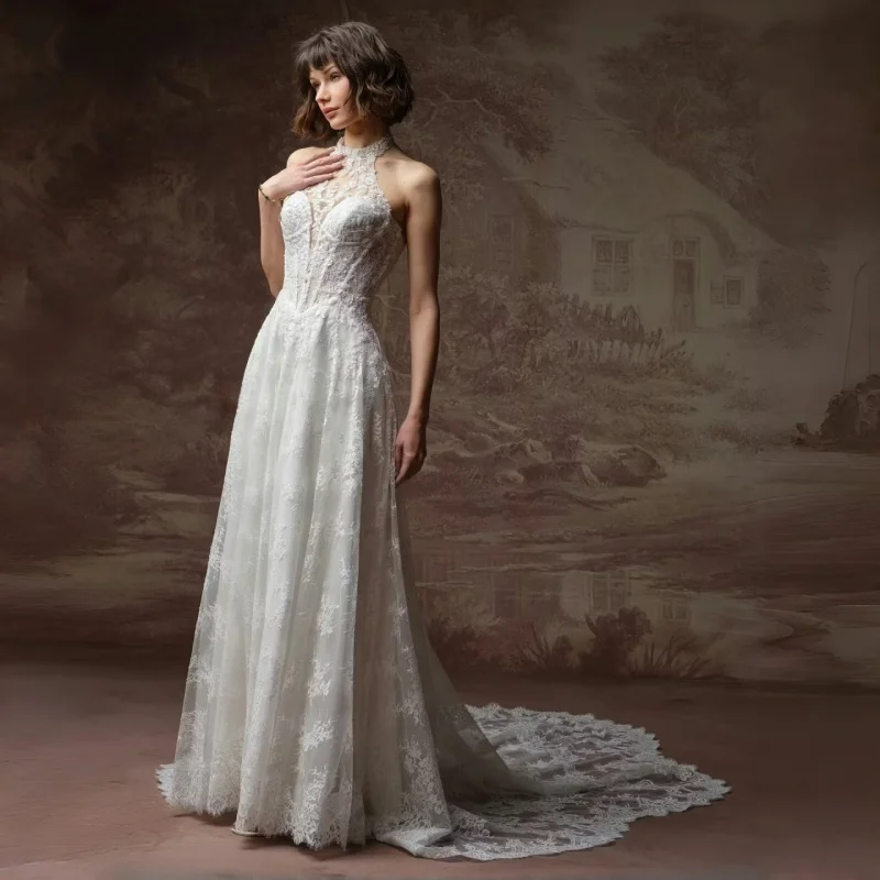 High Neck Lace Lace A-Line Wedding Dress Open Low Back With Corset Sleeveless Made Of Tulle Elegant Classic Customizable 2026
High Neck Lace Lace A-Line Wedding Dress Open Low Back With Corset Sleeveless Made Of Tulle Elegant Classic Customizable 2026