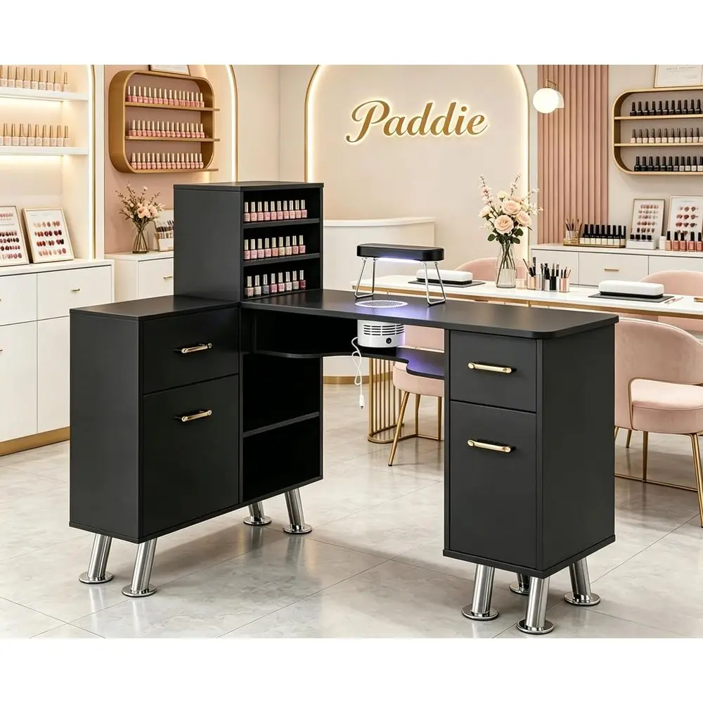 L-Shaped Nail Station with Dust Collector, Storage Cabinets, Metal Handles & Legs (Black)
L-Shaped Nail Station with Dust Collector, Storage Cabinets, Metal Handles & Legs (Black)