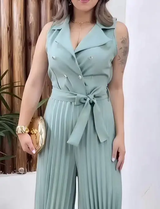 Jumpsuit Women 2025 Spring Autumn New Solid Color Sleeveless Notched Collar Waist Tied Detail Casual Wide Leg Pleated Jumpsuit
Jumpsuit Women 2025 Spring Autumn New Solid Color Sleeveless Notched Collar Waist Tied Detail Casual Wide Leg Pleated Jumpsuit