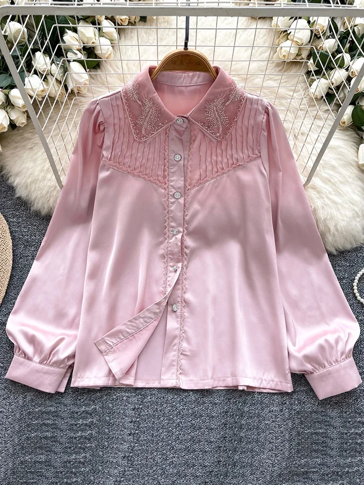 French Style Shirt Women New Spring Autumn Office Lady Versatile Blouse Shirt Embroidered Bead Lapel Long Sleeved Satin Top C49
French Style Shirt Women New Spring Autumn Office Lady Versatile Blouse Shirt Embroidered Bead Lapel Long Sleeved Satin Top C49