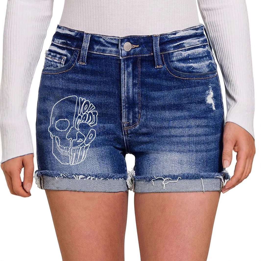 Women's Jeans Ripped Rough Edge Skull Print Punk Style Self-curling Washed Denim Shorts
Women's Jeans Ripped Rough Edge Skull Print Punk Style Self-curling Washed Denim Shorts