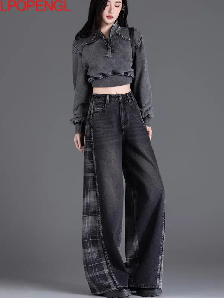 Fashion Vintage Plaid Splicing Do Old Jeans Women Spring And Summer New Black Pants Straight High Waist Button Wide Leg Pants
Fashion Vintage Plaid Splicing Do Old Jeans Women Spring And Summer New Black Pants Straight High Waist Button Wide Leg Pants