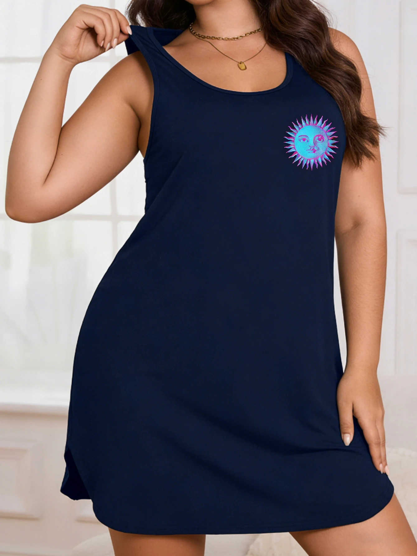 Lady's large-sized sun-printed sleeveless halter dress with no sleeves, ideal for loungewear, suitable for daily wear outside.
Lady's large-sized sun-printed sleeveless halter dress with no sleeves, ideal for loungewear, suitable for daily wear outside.