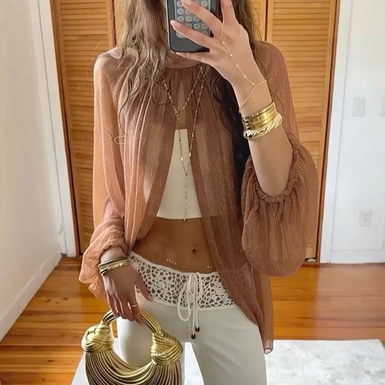 Женская блузка Y2K с блестками, однотонная, с длинным рукавом, воротником-стойкой, прозрачная сетчатая рубашка с открытым передом, топы в стиле уличной моды 2000-х годов
Женская блузка Y2K с блестками, однотонная, с длинным рукавом, воротником-стойкой, прозрачная сетчатая рубашка с открытым передом, топы в стиле уличной моды 2000-х годов