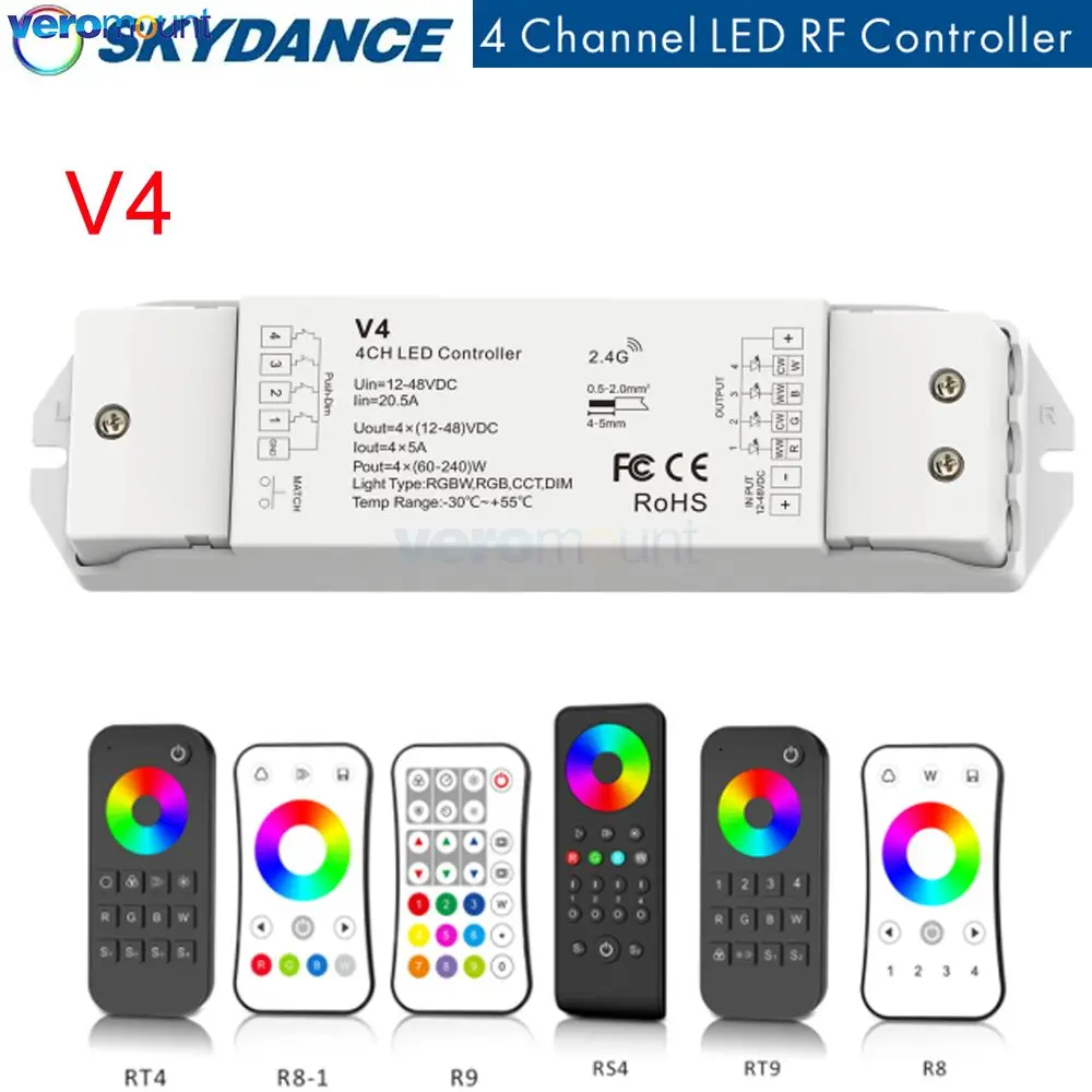 Skydance V4 12-36V DC 24V RGBW/RGB/CCT/Dimming 4 Channel LED RF Controller Receiver 4CH 5A/CH Push Dim /Multiple protection CV
Skydance V4 12-36V DC 24V RGBW/RGB/CCT/Dimming 4 Channel LED RF Controller Receiver 4CH 5A/CH Push Dim /Multiple protection CV