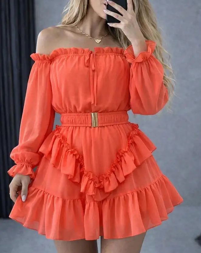 Women's Dress New Off Shoulder Frill Trim Mini A Line Dress Flowy Chiffon Ruffle Hem Party Dress with Belt & Built-In Shorts
Women's Dress New Off Shoulder Frill Trim Mini A Line Dress Flowy Chiffon Ruffle Hem Party Dress with Belt & Built-In Shorts