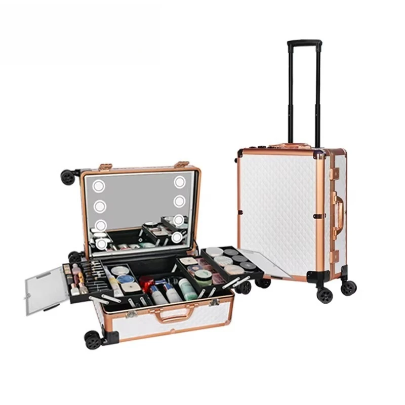 Professional Vintage New Trolley Make up Case LED Lights Wheels Stands Travel Table Mirror Cosmetic Organizer Vanity Station
Professional Vintage New Trolley Make up Case LED Lights Wheels Stands Travel Table Mirror Cosmetic Organizer Vanity Station