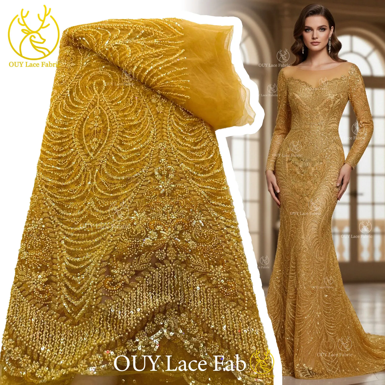 Luxury Gold Nigerian Mesh Beaded Sequins Lace Fabric African French Groom Embroidery Wedding Lace For Women Party Dress Sewing
Luxury Gold Nigerian Mesh Beaded Sequins Lace Fabric African French Groom Embroidery Wedding Lace For Women Party Dress Sewing