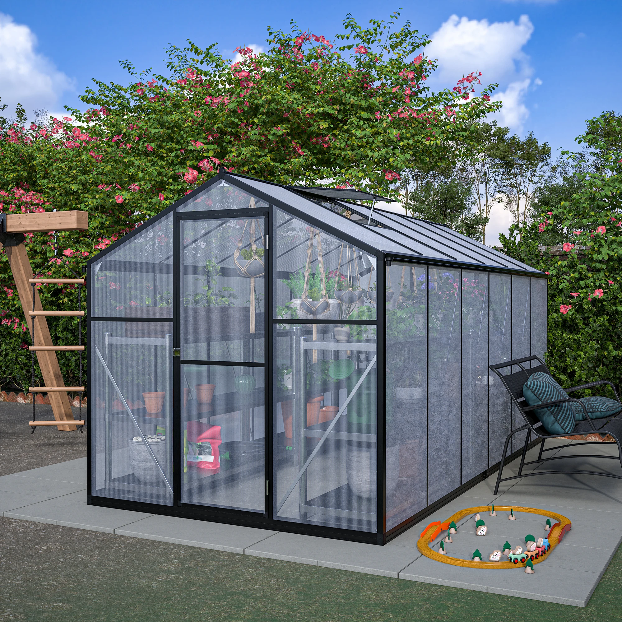 6x12ft Polycarbonate Greenhouse for Outdoor, Aluminum Walk-in Garden Greenhouse with Rain Gutter and Roof Vent
6x12ft Polycarbonate Greenhouse for Outdoor, Aluminum Walk-in Garden Greenhouse with Rain Gutter and Roof Vent