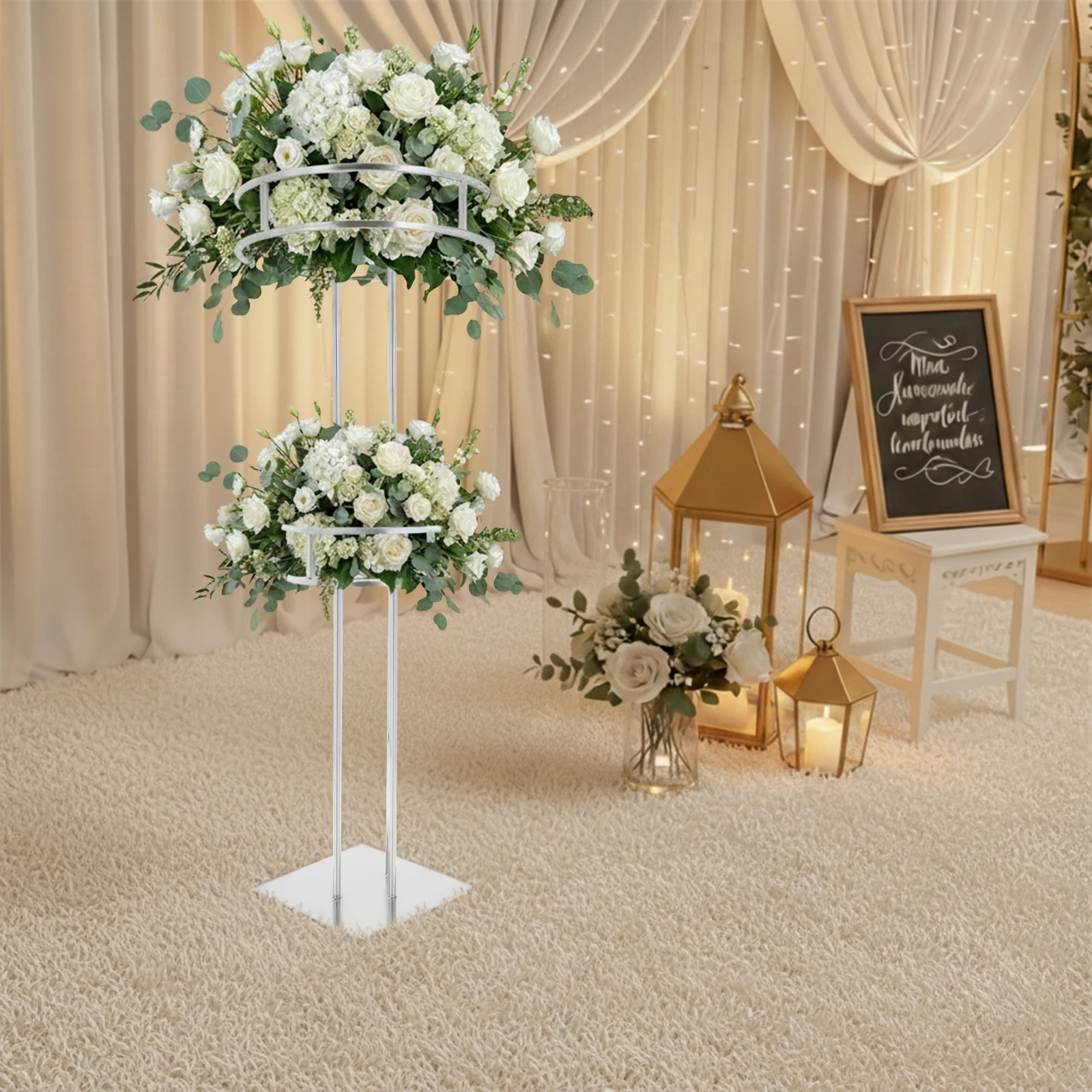 2 Tiers Silver Round Flower Stand Wedding Centerpiece Metal Wedding Floral Rack with Stable Square Base
2 Tiers Silver Round Flower Stand Wedding Centerpiece Metal Wedding Floral Rack with Stable Square Base