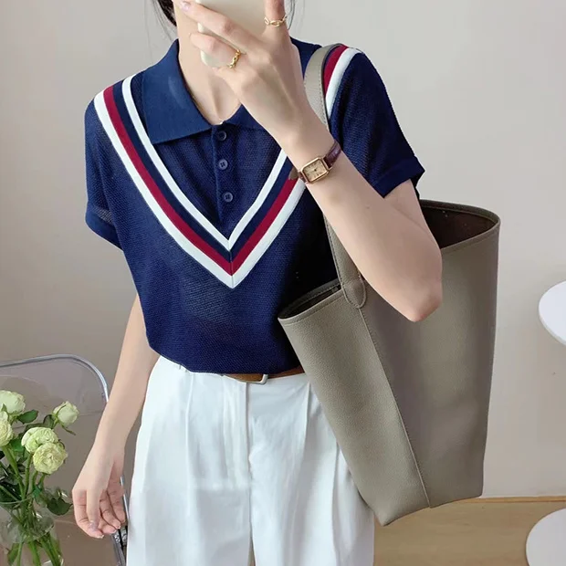 Summer New Polo Collar Fashion Short Sleeve Shirts Women High Street Casual Striped Contrast Color Button Knitting Pullover S930
Summer New Polo Collar Fashion Short Sleeve Shirts Women High Street Casual Striped Contrast Color Button Knitting Pullover S930