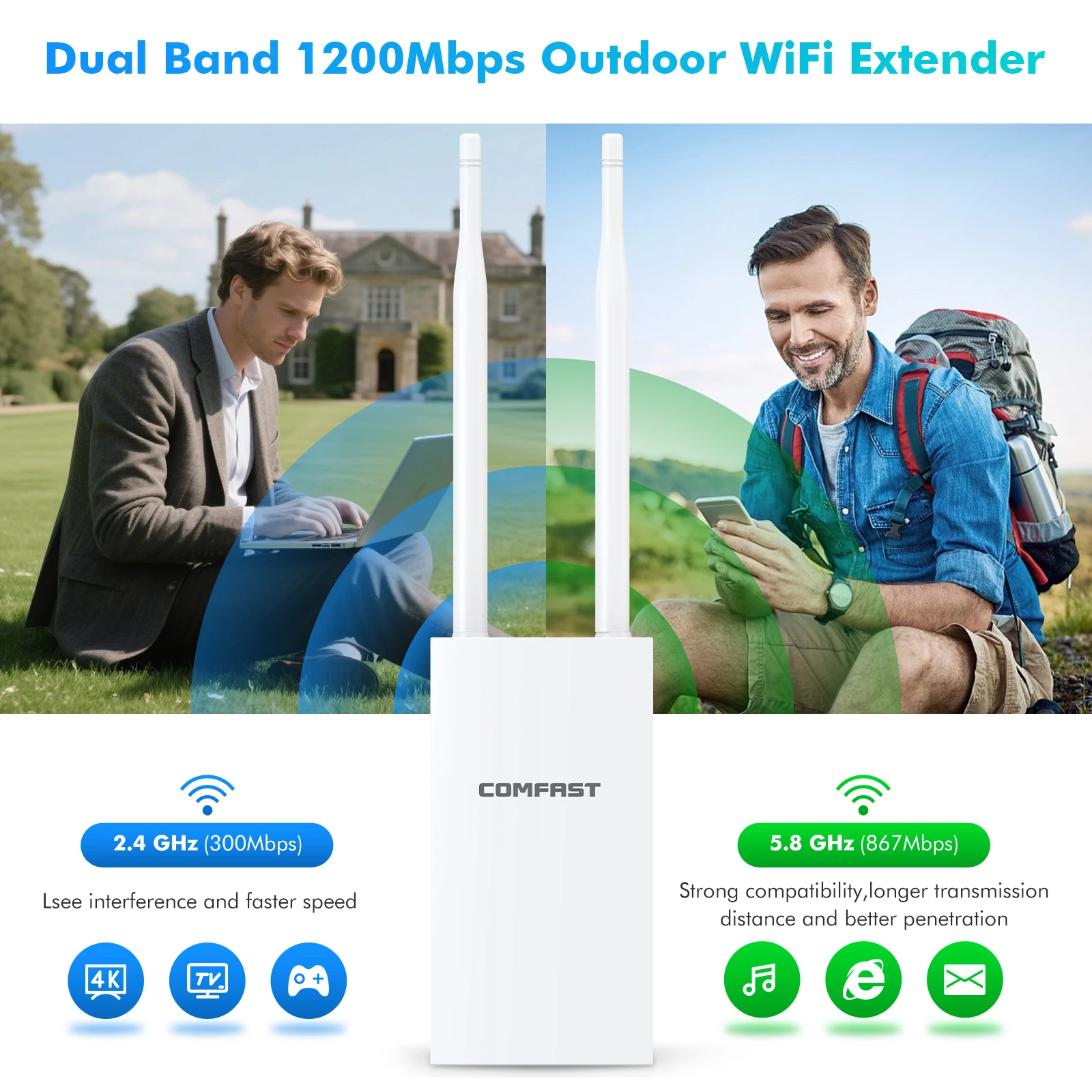 COMFAST 300/1200Mbps Outdoor Wireless AP 2.4GHz/5.8GHz High Power WiFi Access Point 5dBi Antenna 48V PoE IP66 EU/US Plug
COMFAST 300/1200Mbps Outdoor Wireless AP 2.4GHz/5.8GHz High Power WiFi Access Point 5dBi Antenna 48V PoE IP66 EU/US Plug