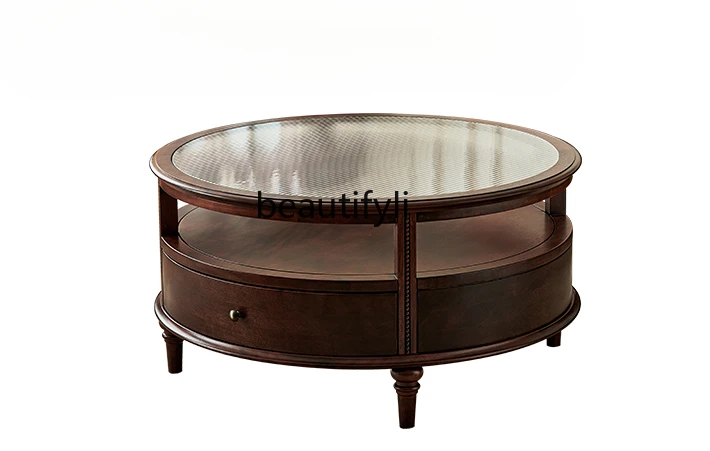 French retro coffee table American solid wood round tempered Changhong glass home living room
French retro coffee table American solid wood round tempered Changhong glass home living room